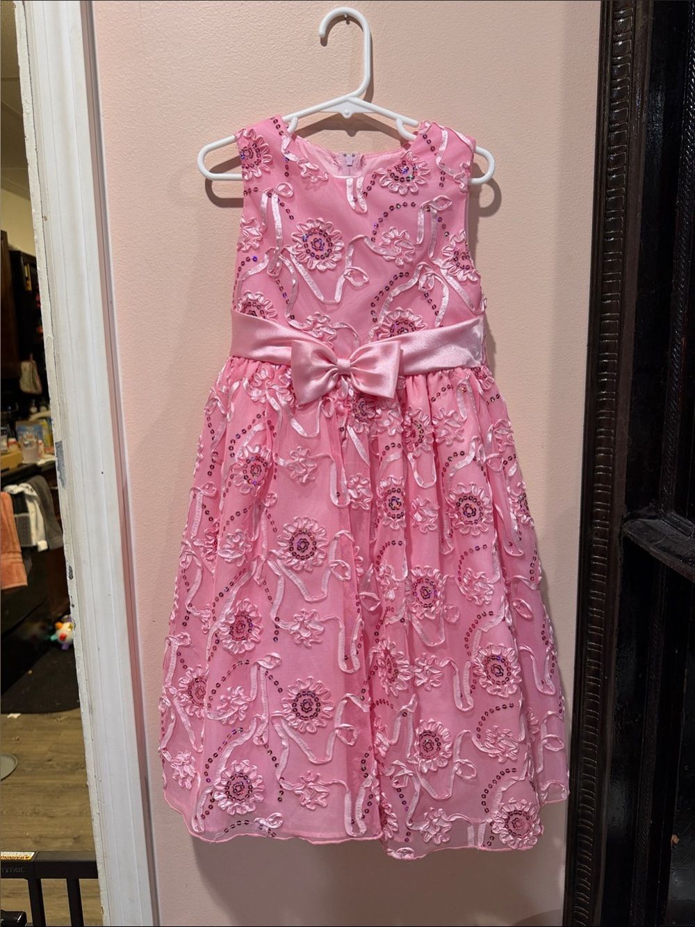 Rare Editions Pink Embroidered Sequin Dress with Satin Bow Waist